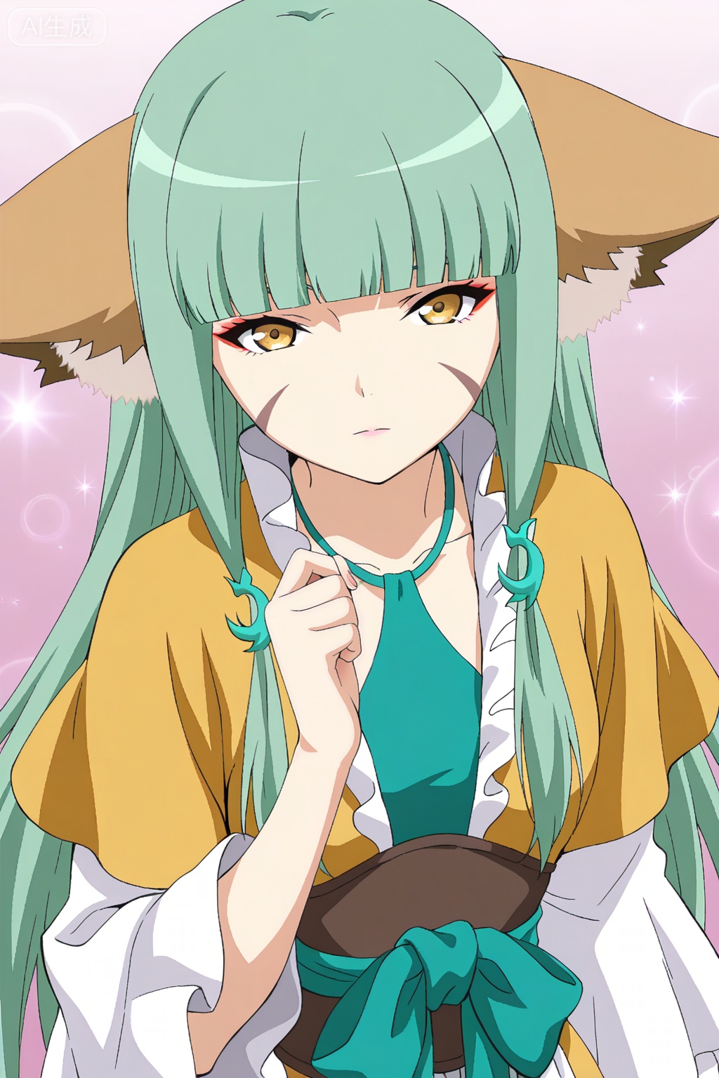 



upper body,looking at viewer,

涂山容容,masterpiece,best quality,official art,extremely detailed CG unity 8k wallpaper,1girl,solo,long hair, green hair, animal ears, fox ears, facial mark, blunt bangs,Wide sleeves,Dress,