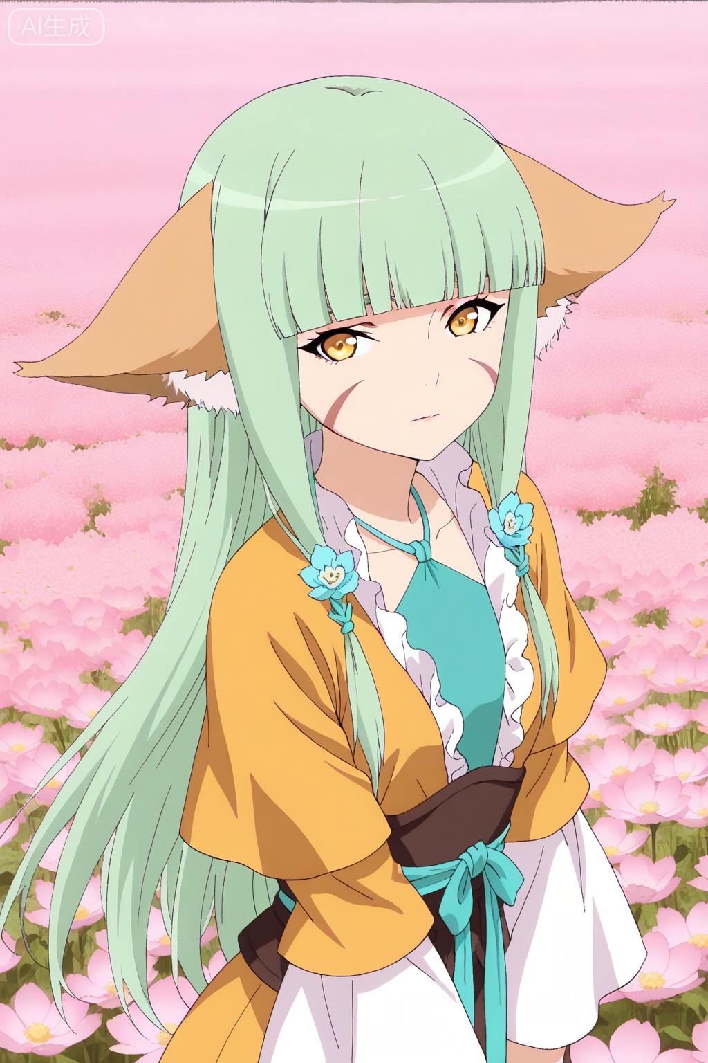 flower field,flower field,



upper body,looking at viewer,

涂山容容,masterpiece,best quality,official art,extremely detailed CG unity 8k wallpaper,1girl,solo,long hair, green hair, animal ears, fox ears, facial mark, blunt bangs,Wide sleeves,Dress,