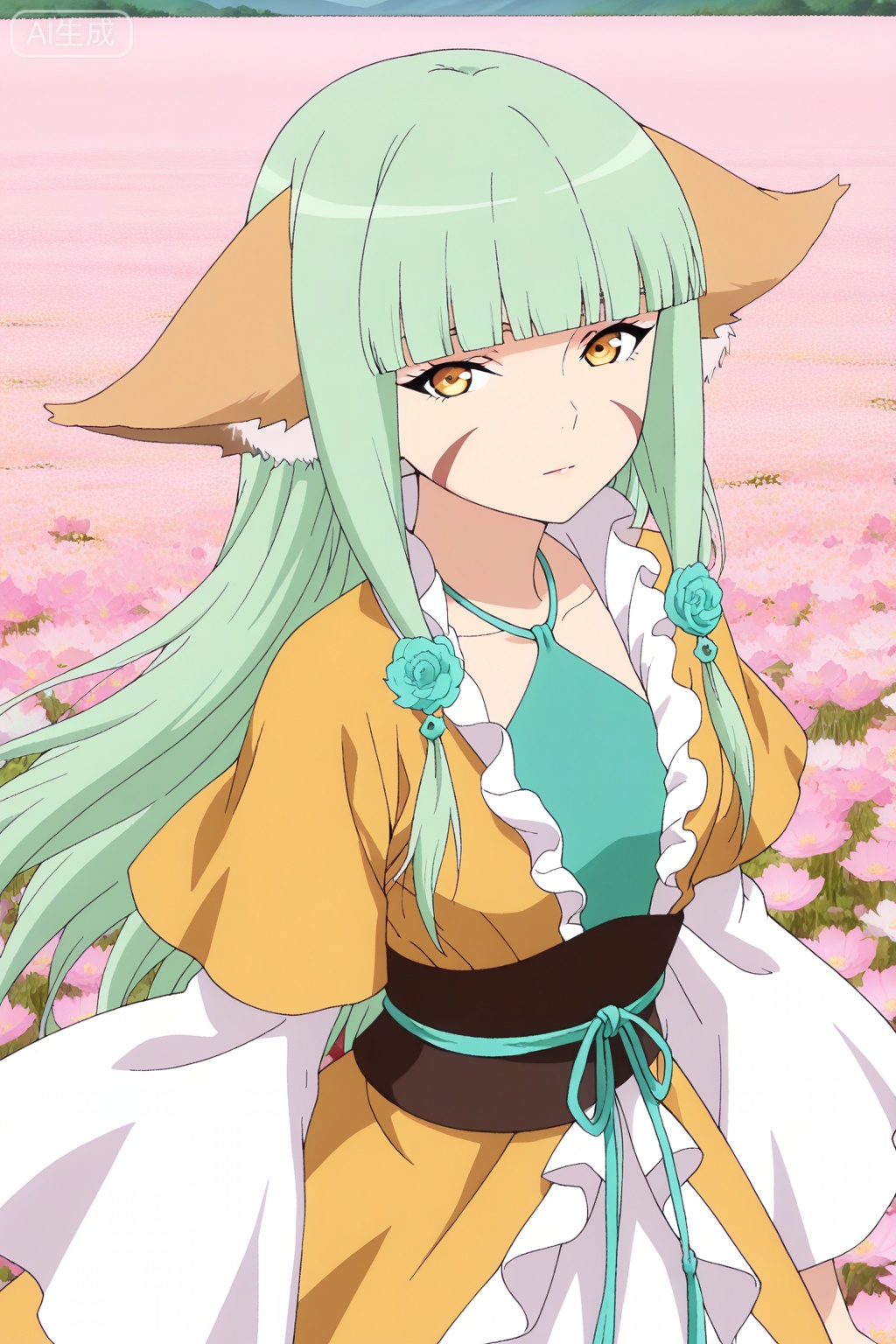 flower field,flower field,



upper body,looking at viewer,

涂山容容,masterpiece,best quality,official art,extremely detailed CG unity 8k wallpaper,1girl,solo,long hair, green hair, animal ears, fox ears, facial mark, blunt bangs,Wide sleeves,Dress,