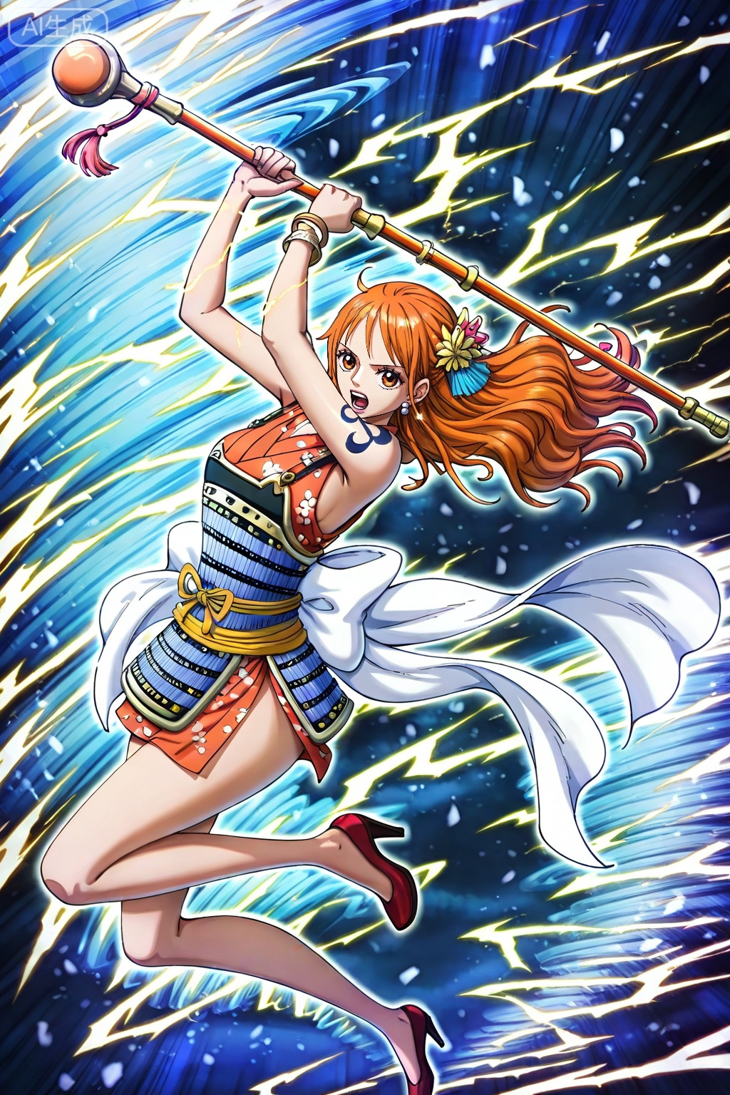 8k,best quality,masterpiece,(ultra-detailed),(high detailed skin),[artist:wlop],[artist:ningen_mame],artist:ciloranko,[[artist:rhasta]],artist:tidsean,looking at viewer,
1girl,(solo:1.2),nami (one piece),orange hair,jewelry,long hair,orange eyes,earrings,
1girl, nami \(one piece\), solo, orange hair, high heels, long hair, jewelry, open mouth, full body, japanese clothes, holding, weapon, bracelet, earrings, armor, japanese armor, orange eyes, lightning, electricity, hair ornament, legs, brown eyes, holding weapon, sash, kimono, polearm, dress
,lihui