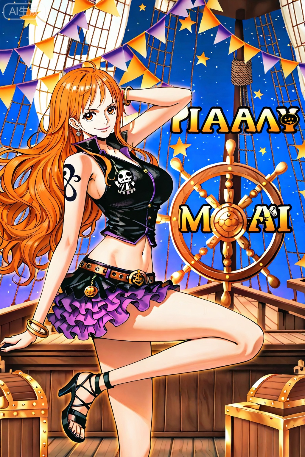 8k,best quality,masterpiece,(ultra-detailed),(high detailed skin),[artist:wlop],[artist:ningen_mame],artist:ciloranko,[[artist:rhasta]],artist:tidsean,looking at viewer,
1girl,(solo:1.2),nami (one piece),orange hair,jewelry,long hair,orange eyes,earrings,
1girl, nami \(one piece\), orange hair, solo, skirt, long hair, jewelry, jolly roger, orange eyes, breasts, navel, crop top, bracelet, midriff, smile, looking at viewer, ship, legs, miniskirt, sandals, high heels, earrings, watercraft, shirt, treasure chest, standing, barrel, large breasts, sleeveless, closed mouth, standing on one leg, sleeveless shirt, bangle, sky, frills, copyright name, purple skirt, frilled skirt, brown eyes, halloween, belt
,lihui