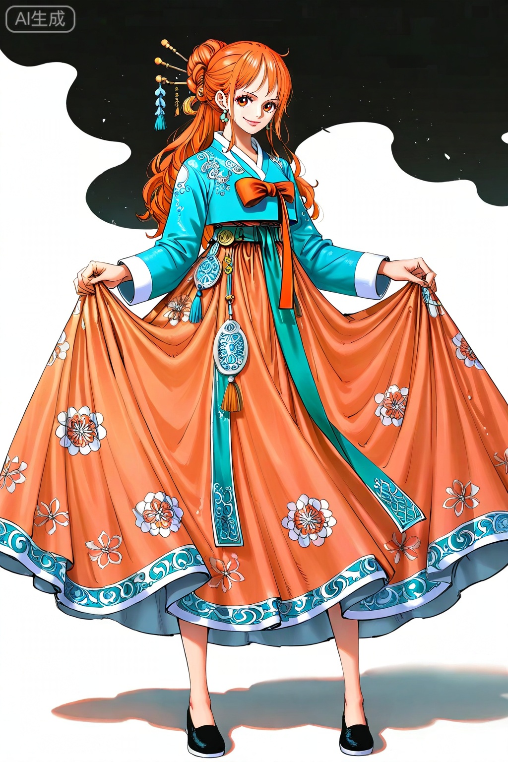 8k,best quality,masterpiece,(ultra-detailed),(high detailed skin),[artist:wlop],[artist:ningen_mame],artist:ciloranko,[[artist:rhasta]],artist:tidsean,looking at viewer,
1girl,(solo:1.2),nami (one piece),orange hair,jewelry,long hair,orange eyes,earrings,
1girl, solo, orange hair, korean clothes, hanbok, hair ornament, simple background, white background, full body, smile, nami \(one piece\), dress, long sleeves, single hair bun, hair bun, standing, looking at viewer, hair stick, skirt hold
,lihui