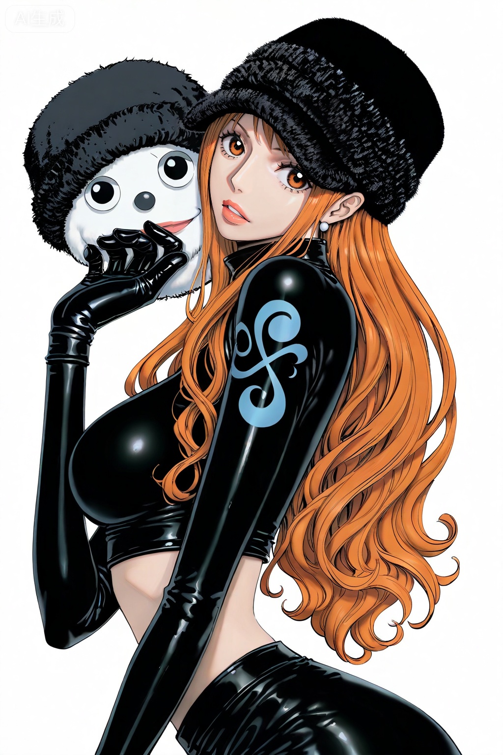8k,best quality,masterpiece,(ultra-detailed),(high detailed skin),[artist:wlop],[artist:ningen_mame],artist:ciloranko,[[artist:rhasta]],artist:tidsean,looking at viewer,
1girl,(solo:1.2),nami (one piece),orange hair,jewelry,long hair,orange eyes,earrings,
1girl, solo, hat, long hair, nami \(one piece\), orange hair, fur hat, gloves, brown eyes, crop top, breasts, midriff, looking at viewer, lips, white background, latex, parted lips, black gloves, from side, black headwear, simple background, large breasts
,lihui