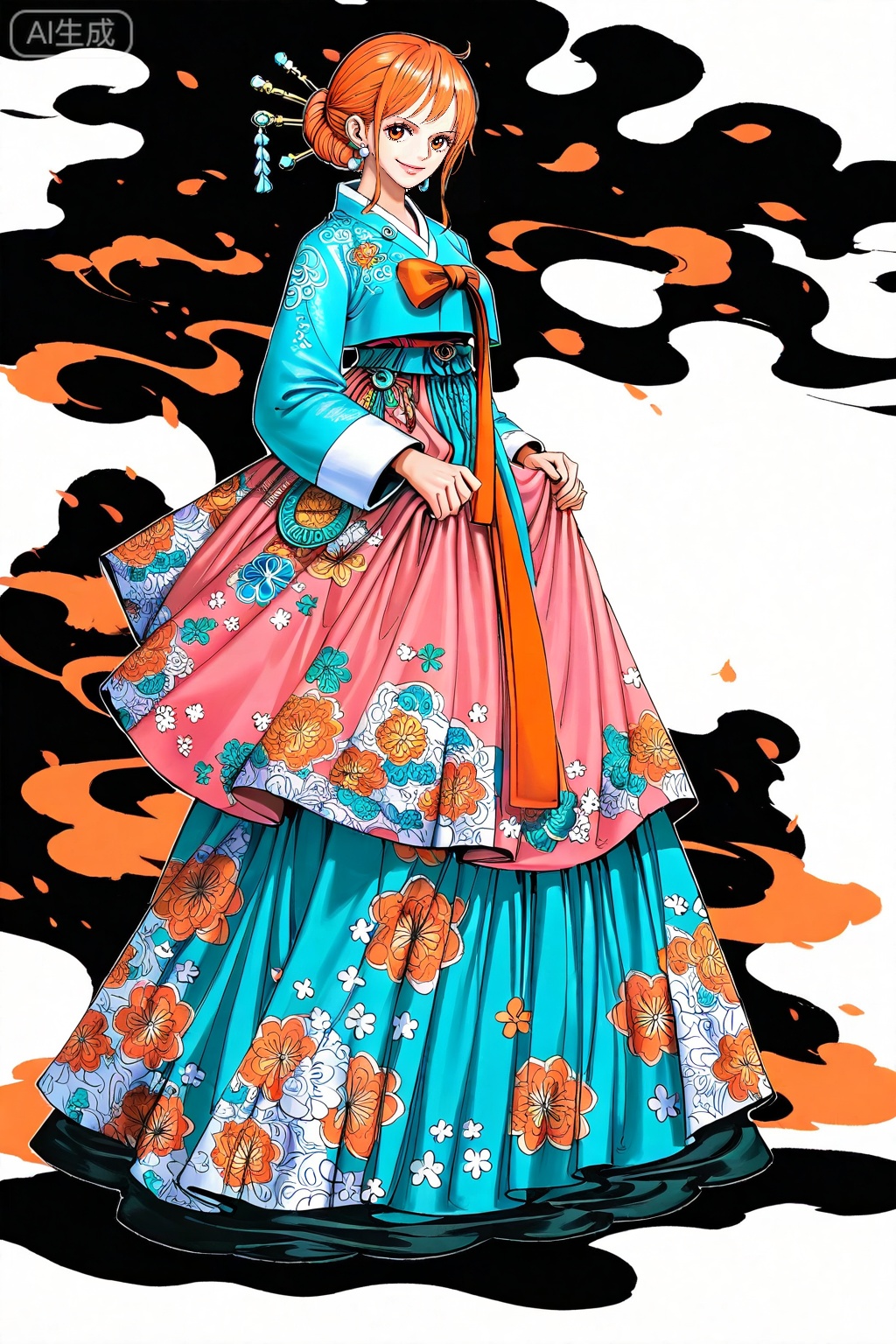 8k,best quality,masterpiece,(ultra-detailed),(high detailed skin),[artist:wlop],[artist:ningen_mame],artist:ciloranko,[[artist:rhasta]],artist:tidsean,looking at viewer,
1girl,(solo:1.2),nami (one piece),orange hair,jewelry,long hair,orange eyes,earrings,
1girl, solo, orange hair, korean clothes, hanbok, hair ornament, simple background, white background, full body, smile, nami \(one piece\), dress, long sleeves, single hair bun, hair bun, standing, looking at viewer, hair stick, skirt hold
,lihui