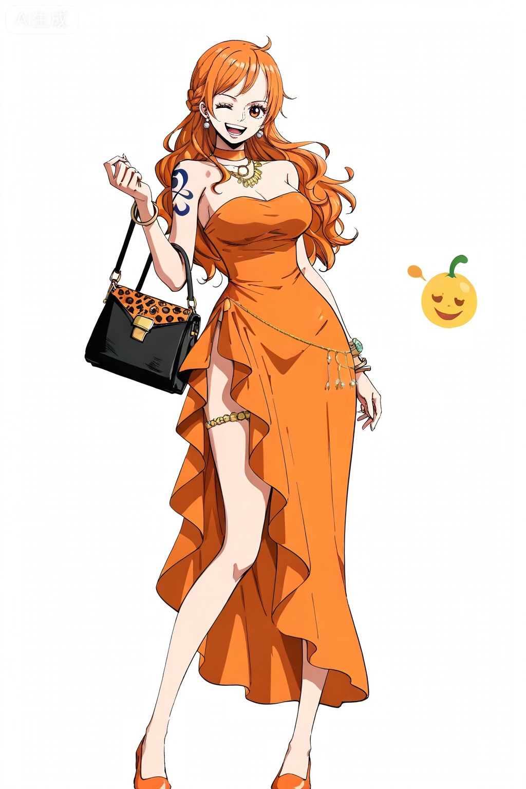 8k,best quality,masterpiece,(ultra-detailed),(high detailed skin),[artist:wlop],[artist:ningen_mame],artist:ciloranko,[[artist:rhasta]],artist:tidsean,looking at viewer,
1girl,(solo:1.2),nami (one piece),orange hair,jewelry,long hair,orange eyes,earrings,
1girl, nami \(one piece\), jewelry, dress, solo, orange hair, one eye closed, long hair, bracelet, tattoo, full body, earrings, orange dress, smile, breasts, choker, white background, simple background, braid, orange footwear, strapless dress, strapless, open mouth, brown eyes, bangle, side slit, looking at viewer, standing, bare shoulders, handbag, necklace, holding
,lihui