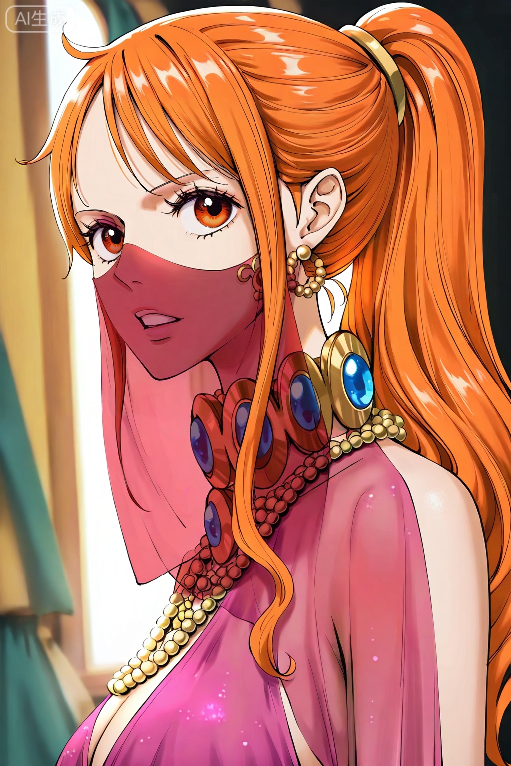 8k,best quality,masterpiece,(ultra-detailed),(high detailed skin),[artist:wlop],[artist:ningen_mame],artist:ciloranko,[[artist:rhasta]],artist:tidsean,looking at viewer,
1girl,(solo:1.2),nami (one piece),orange hair,jewelry,long hair,orange eyes,earrings,
1girl, veil, orange hair, solo, nami \(one piece\), jewelry, mouth veil, long hair, orange eyes, chain, ponytail, earrings, necklace, arabian clothes, looking at viewer, harem outfit, parted lips
,lihui