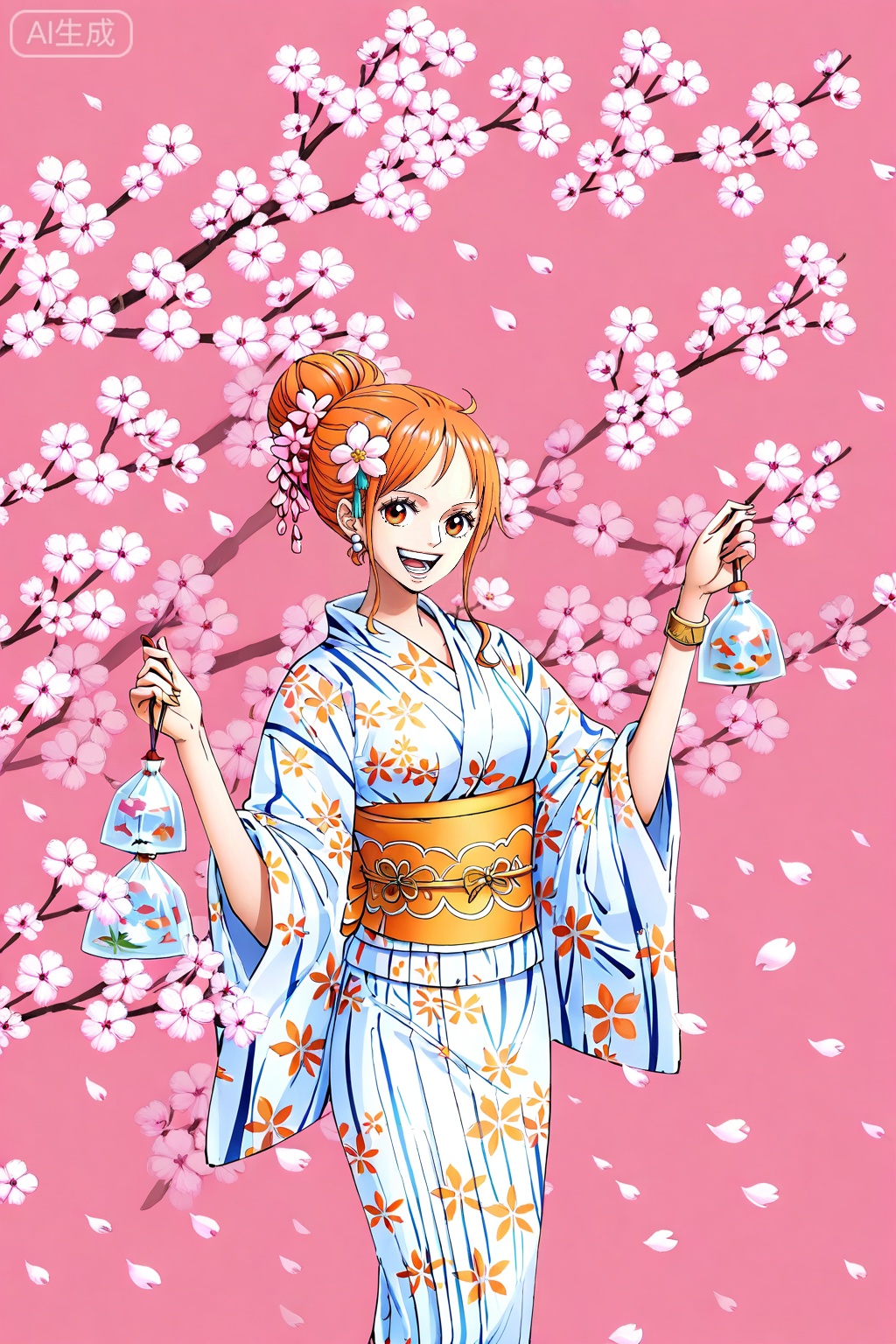 8k,best quality,masterpiece,(ultra-detailed),(high detailed skin),[artist:wlop],[artist:ningen_mame],artist:ciloranko,[[artist:rhasta]],artist:tidsean,looking at viewer,
1girl,(solo:1.2),nami (one piece),orange hair,jewelry,long hair,orange eyes,earrings,
1girl, nami \(one piece\), kimono, japanese clothes, orange hair, solo, smile, flower, open mouth, cherry blossoms, hair ornament, orange eyes, pink background, holding, hair flower, sash, looking at viewer, yukata, jewelry, white kimono, hair bun, standing, bag, :d, bracelet, obi, wide sleeves, fish, floral print, short hair, petals, teeth, print kimono
,lihui