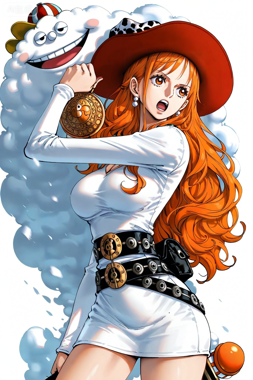 8k,best quality,masterpiece,(ultra-detailed),(high detailed skin),[artist:wlop],[artist:ningen_mame],artist:ciloranko,[[artist:rhasta]],artist:tidsean,looking at viewer,
1girl,(solo:1.2),nami (one piece),orange hair,jewelry,long hair,orange eyes,earrings,
1girl, nami \(one piece\), long hair, orange hair, earrings, jewelry, belt, breasts, dress, white dress, large breasts, white background, weapon, brown eyes, simple background, hat, cowboy shot, open mouth, long sleeves, looking to the side, holding, short dress
,lihui
