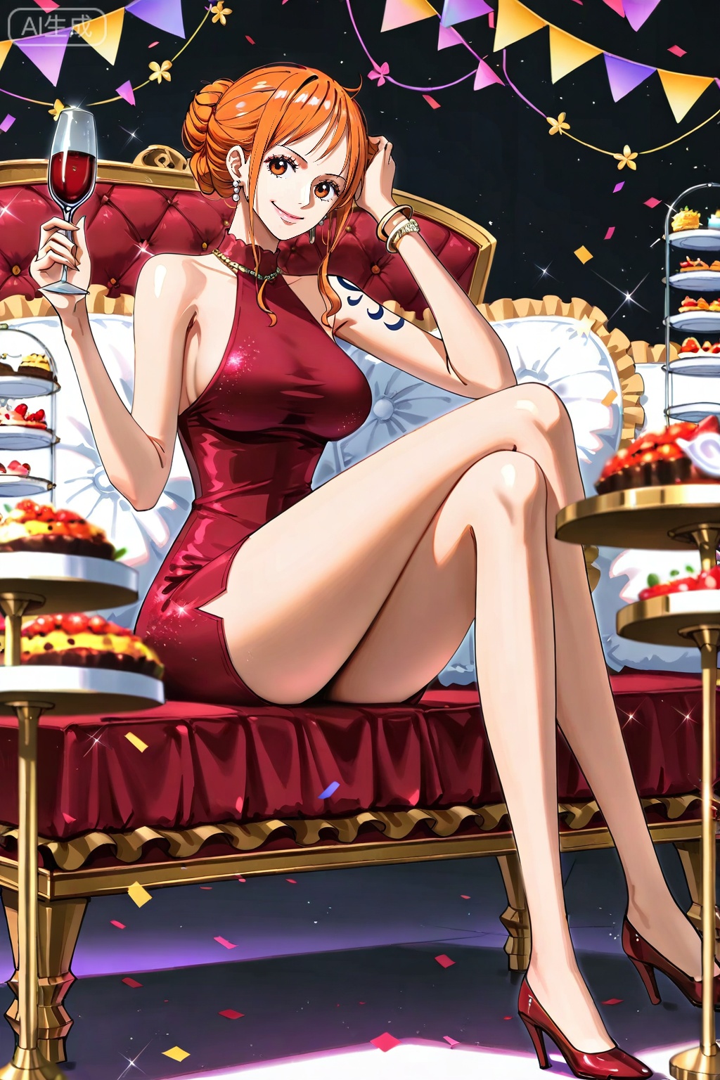 8k,best quality,masterpiece,(ultra-detailed),(high detailed skin),[artist:wlop],[artist:ningen_mame],artist:ciloranko,[[artist:rhasta]],artist:tidsean,looking at viewer,
1girl,(solo:1.2),nami (one piece),orange hair,jewelry,long hair,orange eyes,earrings,tattoo,
1girl, nami \(one piece\), orange hair, solo, dress, high heels, breasts, red dress, jewelry, cup, crossed legs, bracelet, sitting, drinking glass, smile, sleeveless, holding, sleeveless dress, looking at viewer, large breasts, food, wine glass, cake, brown eyes, tattoo, holding cup, legs, earrings, short dress, bangle, hair bun, long legs, full body, pillow, red footwear
,lihui