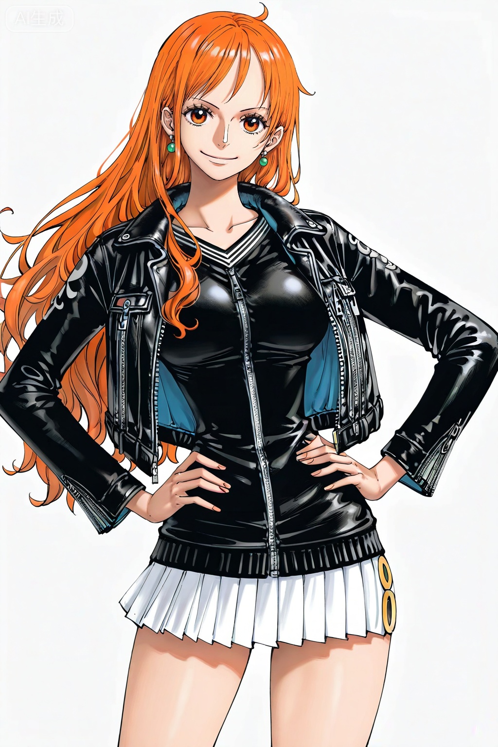 8k,best quality,masterpiece,(ultra-detailed),(high detailed skin),[artist:wlop],[artist:ningen_mame],artist:ciloranko,[[artist:rhasta]],artist:tidsean,looking at viewer,
1girl,(solo:1.2),nami (one piece),orange hair,jewelry,long hair,orange eyes,earrings,
1girl, nami \(one piece\), solo, skirt, orange hair, short hair, jacket, hands on own hips, miniskirt, breasts, smile, pleated skirt, white skirt, simple background, white background, zipper, shirt
,lihui