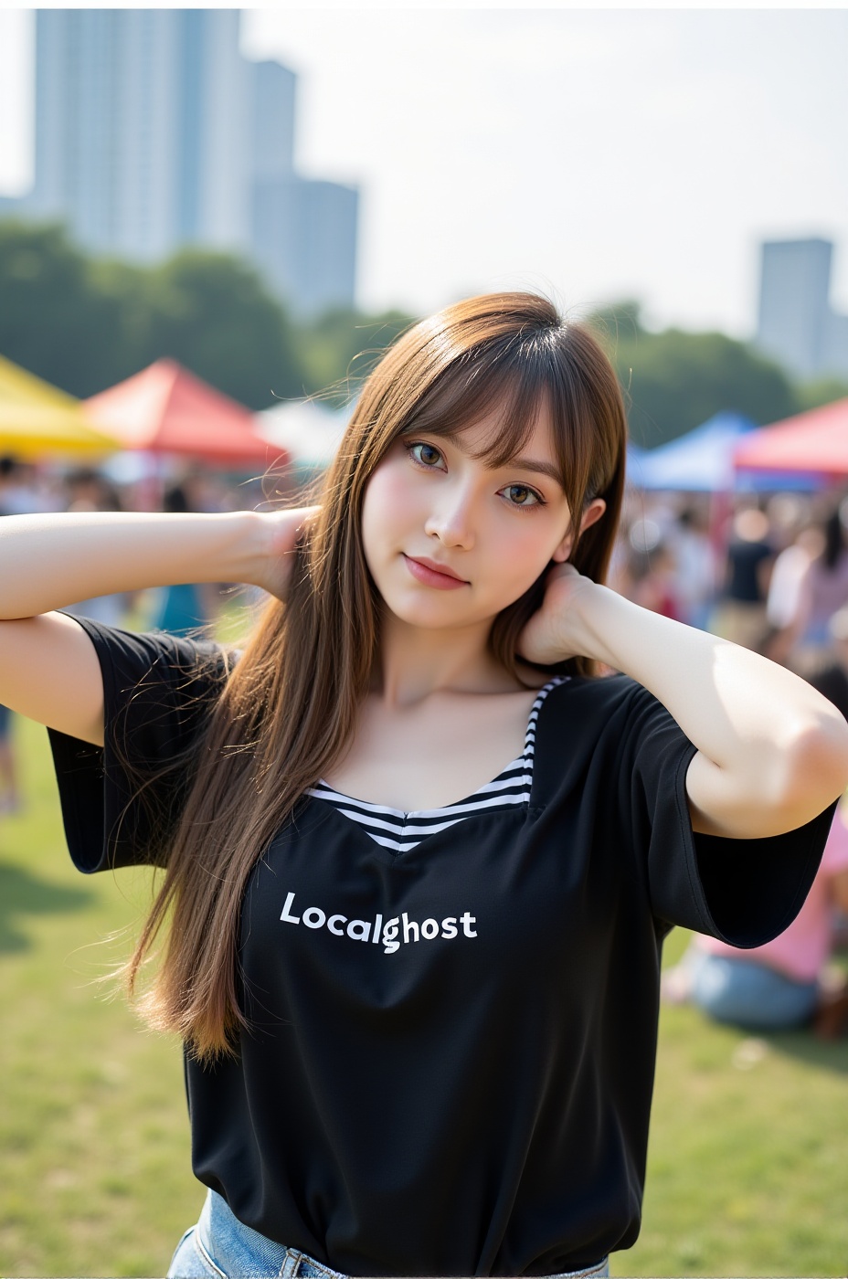 Bàn Jiàng,  beautiful Taiwanese woman outdoors in a lively urban park,  wearing a casual black t-shirt with "LocalGhost" w...
