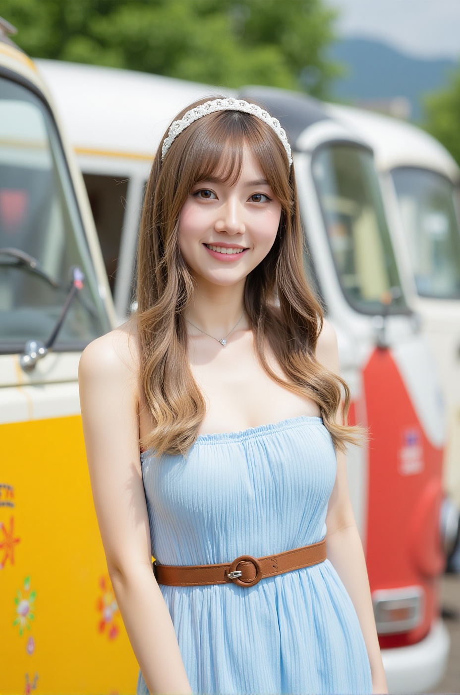 Dòu Bàn Jiàng,  a beautiful young Taiwanese woman posing outdoors beside colorful vintage vans,  wearing a light blue stra...