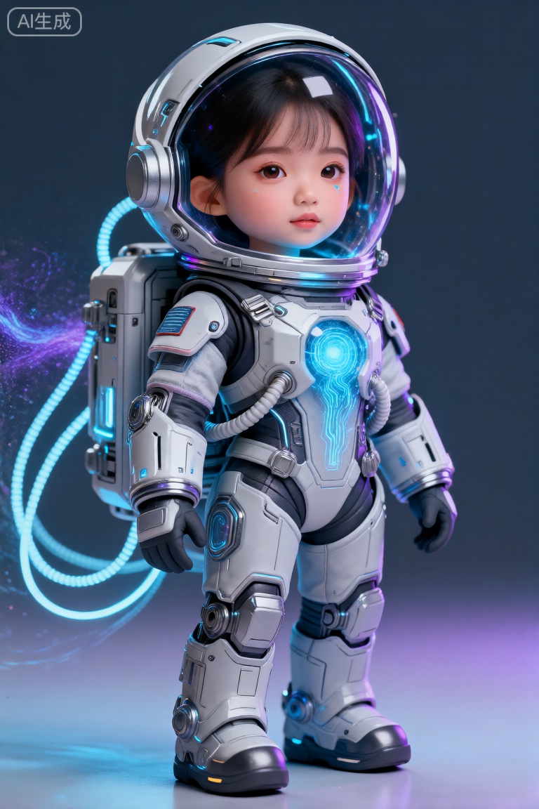 这幅图像描绘了一个身着未来感宇航服的年轻女孩