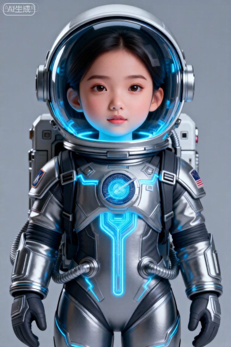这幅图像描绘了一个身着未来感宇航服的年轻女孩。宇航服为银色,正中央有发光的蓝色线条贯穿,胸前有一个圆形徽章。