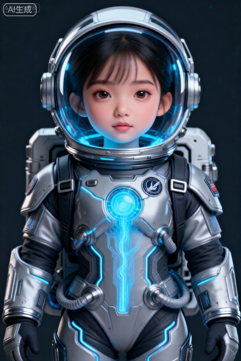 这幅图像描绘了一个身着未来感宇航服的年轻女孩。宇航服为银色,正中央有发光的蓝色线条贯穿,胸前有一个圆形徽章。