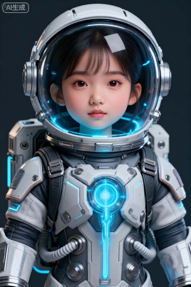 这幅图像描绘了一个身着未来感宇航服的年轻女孩