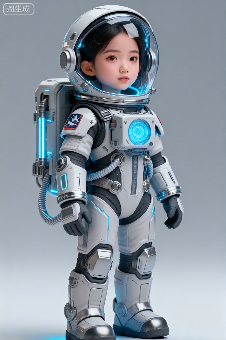 这幅图像描绘了一个身着未来感宇航服的年轻女孩