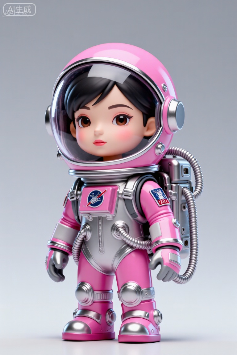 这幅图像描绘了一个身着未来感宇航服的年轻女孩。宇航服为银色,正中央有发光的蓝色线条贯穿,胸前有一个圆形徽章。头盔设计流畅,同样是银色的,带有透明面罩,面罩上显示着全息界面和数字读数。女孩留着黑色短发,有着一双富有表现力的眼睛,正直视着观者。她身后有一个大型发光界面,上面有文字和数字数据,背部还装有一个带有蓝紫色灯光的圆柱形装置。背景是浅灰色的渐变,使整个场景呈现出简洁现代的风格。左上角可以看到“AI助手”字样,其英文翻译为“AI Assistant”。