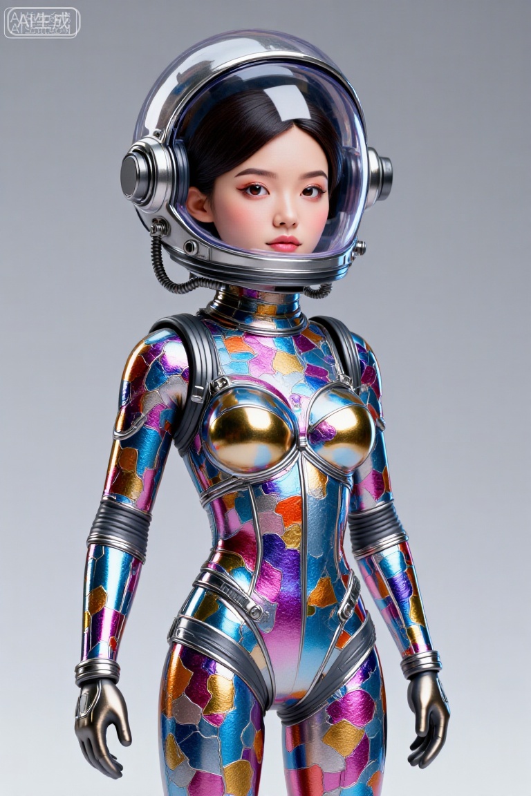 这幅图像描绘了一个身着未来感宇航服的年轻女孩。宇航服为银色,正中央有发光的蓝色线条贯穿,胸前有一个圆形徽章。头盔设计流畅,同样是银色的,带有透明面罩,面罩上显示着全息界面和数字读数。女孩留着黑色短发,有着一双富有表现力的眼睛,,Colored glass collage