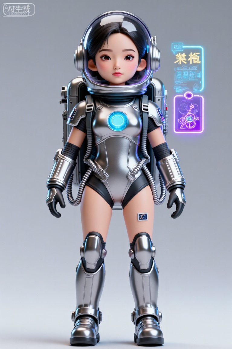这幅图像描绘了一个身着未来感宇航服的年轻女孩。宇航服为银色,正中央有发光的蓝色线条贯穿,胸前有一个圆形徽章。头盔设计流畅,同样是银色的,带有透明面罩,面罩上显示着全息界面和数字读数。女孩留着黑色短发,有着一双富有表现力的眼睛,