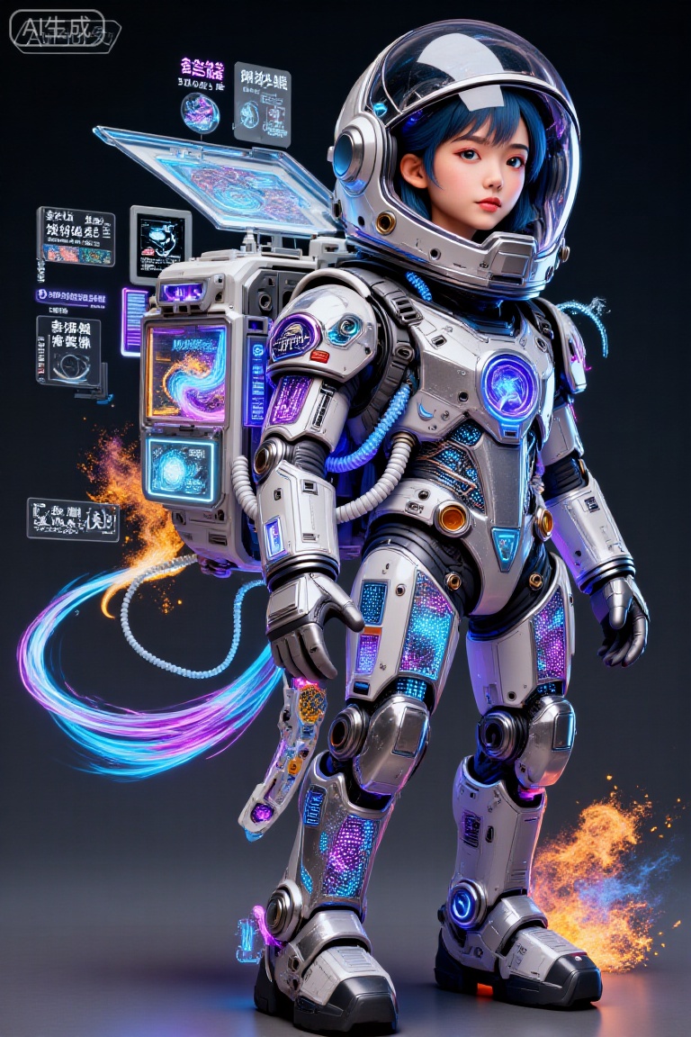 这幅图像描绘了一个身着未来感宇航服的年轻女孩。宇航服为银色,正中央有发光的蓝色线条贯穿,胸前有一个圆形徽章。头盔设计流畅,同样是银色的,带有透明面罩,面罩上显示着全息界面和数字读数。女孩留着黑色短发,有着一双富有表现力的眼睛,,Colored glass collage