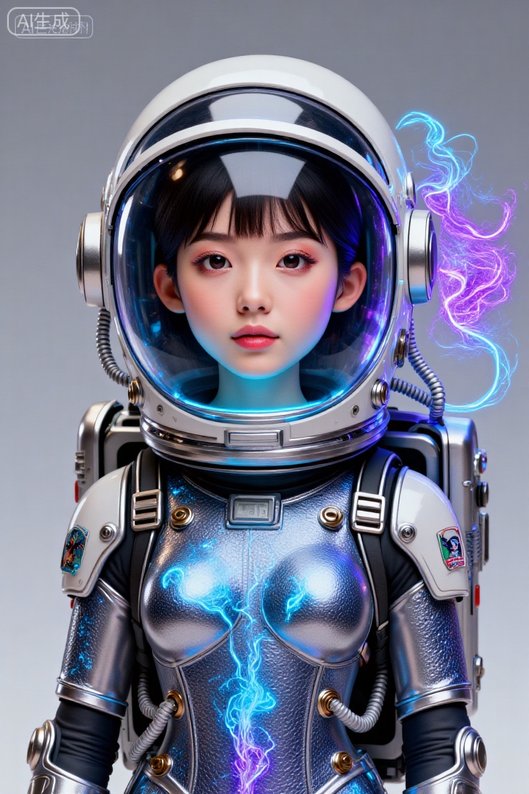 这幅图像描绘了一个身着未来感宇航服的年轻女孩。宇航服为银色,正中央有发光的蓝色线条贯穿,胸前有一个圆形徽章。头盔设计流畅,同样是银色的,带有透明面罩,面罩上显示着全息界面和数字读数。女孩留着黑色短发,有着一双富有表现力的眼睛,,Colored glass collage
