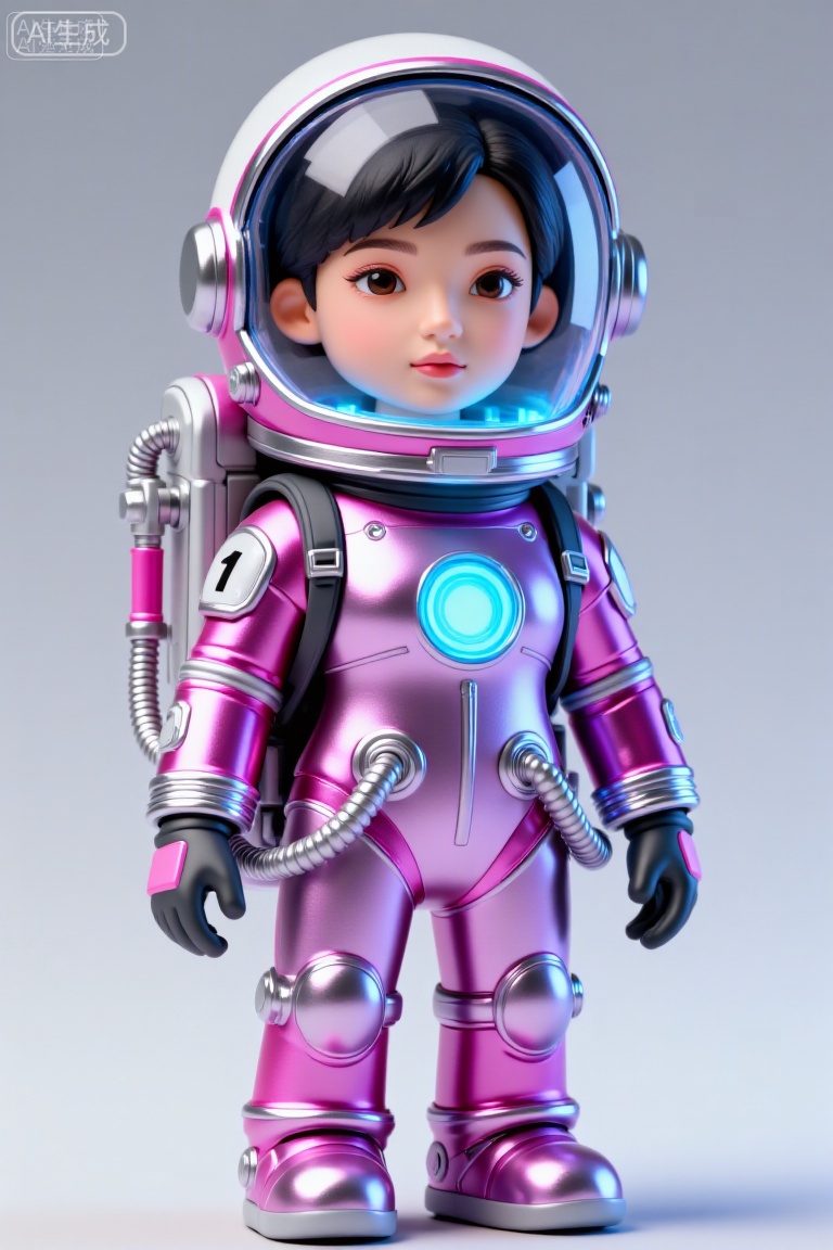 这幅图像描绘了一个身着未来感宇航服的年轻女孩。宇航服为银色,正中央有发光的蓝色线条贯穿,胸前有一个圆形徽章。头盔设计流畅,同样是银色的,带有透明面罩,面罩上显示着全息界面和数字读数。女孩留着黑色短发,有着一双富有表现力的眼睛,正直视着观者。她身后有一个大型发光界面,上面有文字和数字数据,背部还装有一个带有蓝紫色灯光的圆柱形装置。背景是浅灰色的渐变,使整个场景呈现出简洁现代的风格。左上角可以看到“AI助手”字样,其英文翻译为“AI Assistant”。