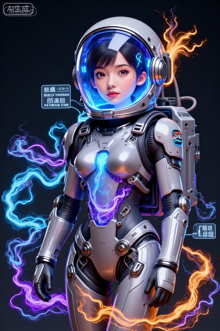 这幅图像描绘了一个身着未来感宇航服的年轻女孩。宇航服为银色,正中央有发光的蓝色线条贯穿,胸前有一个圆形徽章。头盔设计流畅,同样是银色的,带有透明面罩,面罩上显示着全息界面和数字读数。女孩留着黑色短发,有着一双富有表现力的眼睛,,Colored glass collage