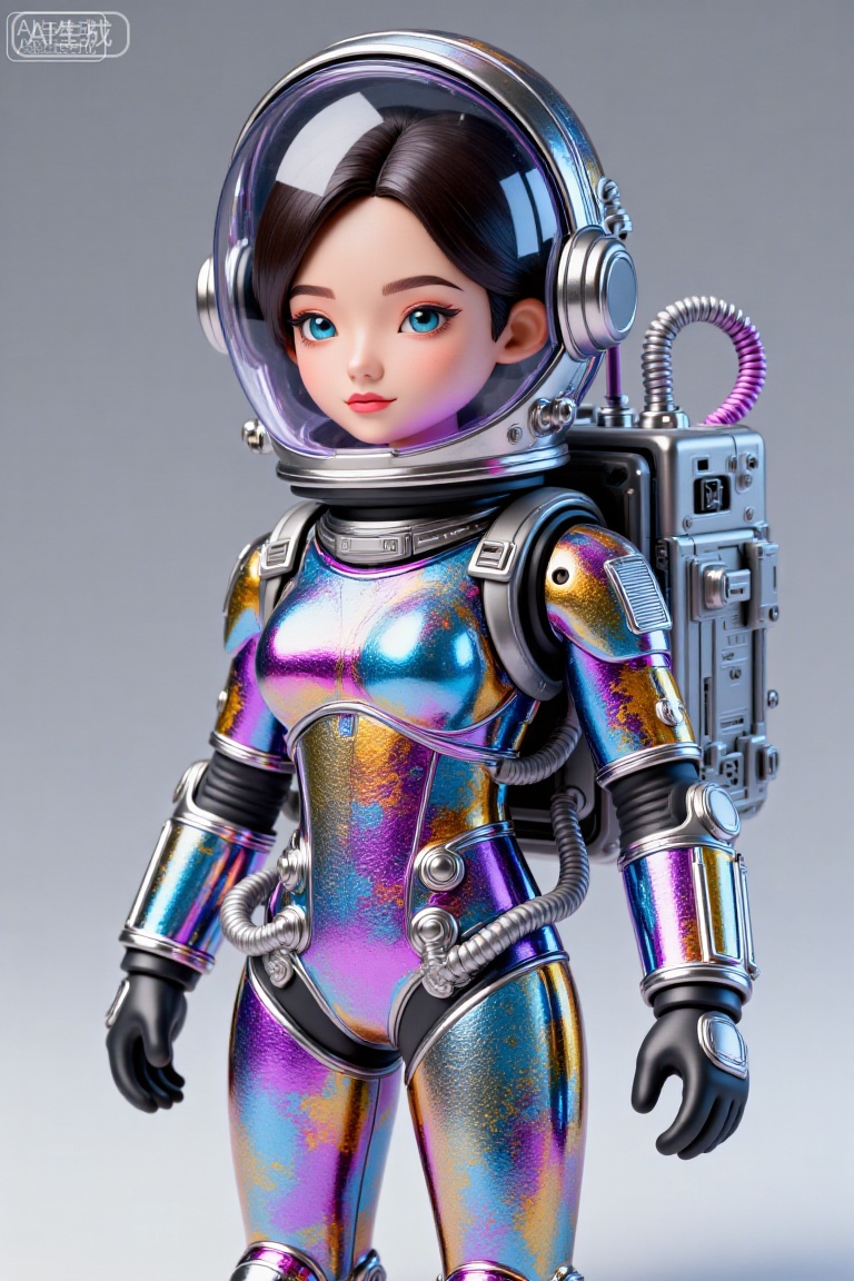 这幅图像描绘了一个身着未来感宇航服的年轻女孩。宇航服为银色,正中央有发光的蓝色线条贯穿,胸前有一个圆形徽章。头盔设计流畅,同样是银色的,带有透明面罩,面罩上显示着全息界面和数字读数。女孩留着黑色短发,有着一双富有表现力的眼睛,,Colored glass collage