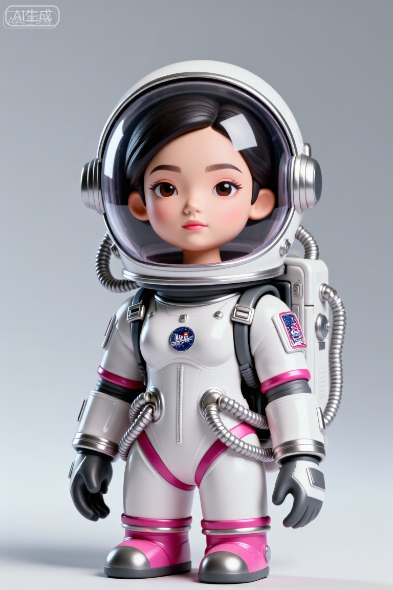 这幅图像描绘了一个身着未来感宇航服的年轻女孩。宇航服为银色,正中央有发光的蓝色线条贯穿,胸前有一个圆形徽章。头盔设计流畅,同样是银色的,带有透明面罩,面罩上显示着全息界面和数字读数。女孩留着黑色短发,有着一双富有表现力的眼睛,