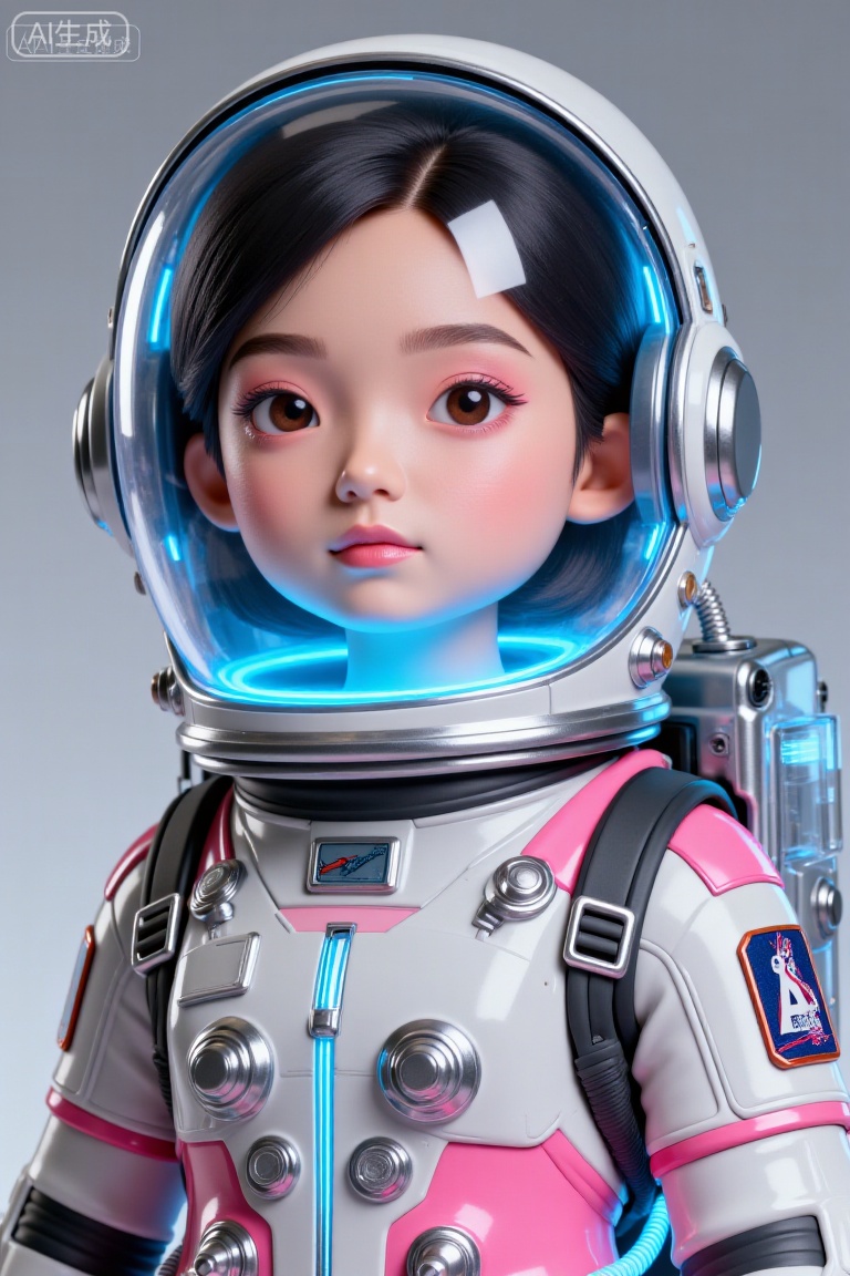 这幅图像描绘了一个身着未来感宇航服的年轻女孩。宇航服为银色,正中央有发光的蓝色线条贯穿,胸前有一个圆形徽章。头盔设计流畅,同样是银色的,带有透明面罩,面罩上显示着全息界面和数字读数。女孩留着黑色短发,有着一双富有表现力的眼睛,