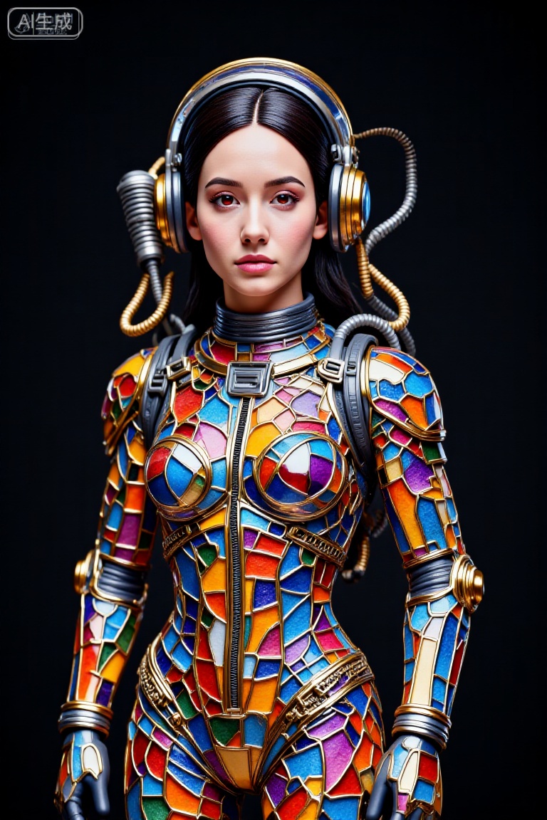 这幅图像描绘了一个身着未来感宇航服的年轻女孩。宇航服为银色,正中央有发光的蓝色线条贯穿,胸前有一个圆形徽章。头盔设计流畅,同样是银色的,带有透明面罩,面罩上显示着全息界面和数字读数。女孩留着黑色短发,有着一双富有表现力的眼睛,,Colored glass collage