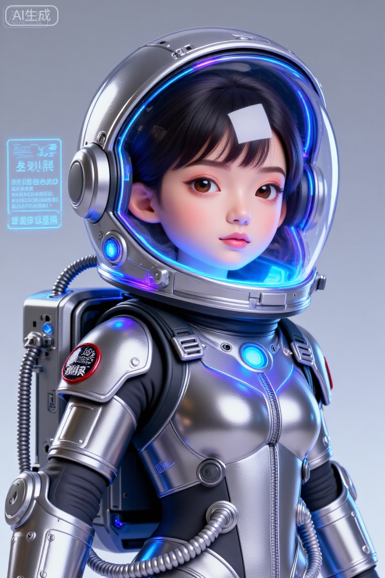 这幅图像描绘了一个身着未来感宇航服的年轻女孩。宇航服为银色,正中央有发光的蓝色线条贯穿,胸前有一个圆形徽章。头盔设计流畅,同样是银色的,带有透明面罩,面罩上显示着全息界面和数字读数。女孩留着黑色短发,有着一双富有表现力的眼睛,