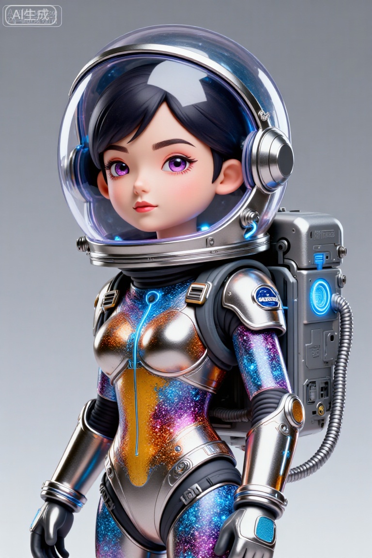 这幅图像描绘了一个身着未来感宇航服的年轻女孩。宇航服为银色,正中央有发光的蓝色线条贯穿,胸前有一个圆形徽章。头盔设计流畅,同样是银色的,带有透明面罩,面罩上显示着全息界面和数字读数。女孩留着黑色短发,有着一双富有表现力的眼睛,,Colored glass collage