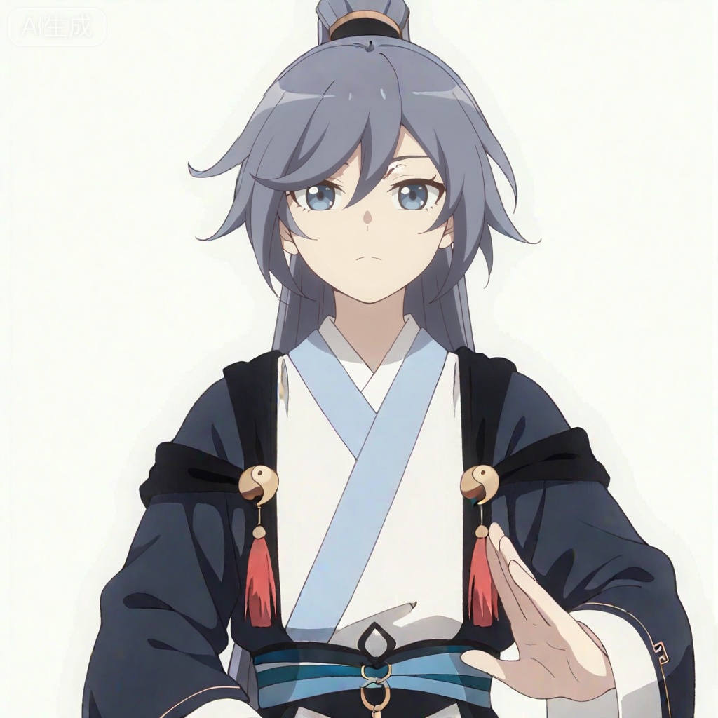 masterpiece, best quality,solo,((white background:1.2)),simple background,, 
looking at viewer,canzhuo_style,fu_hua,ponytail,hanfu,long sleeves,ornament,Chinese clothes,taoist robes,boots,gold_trim,jewelry,Tassel