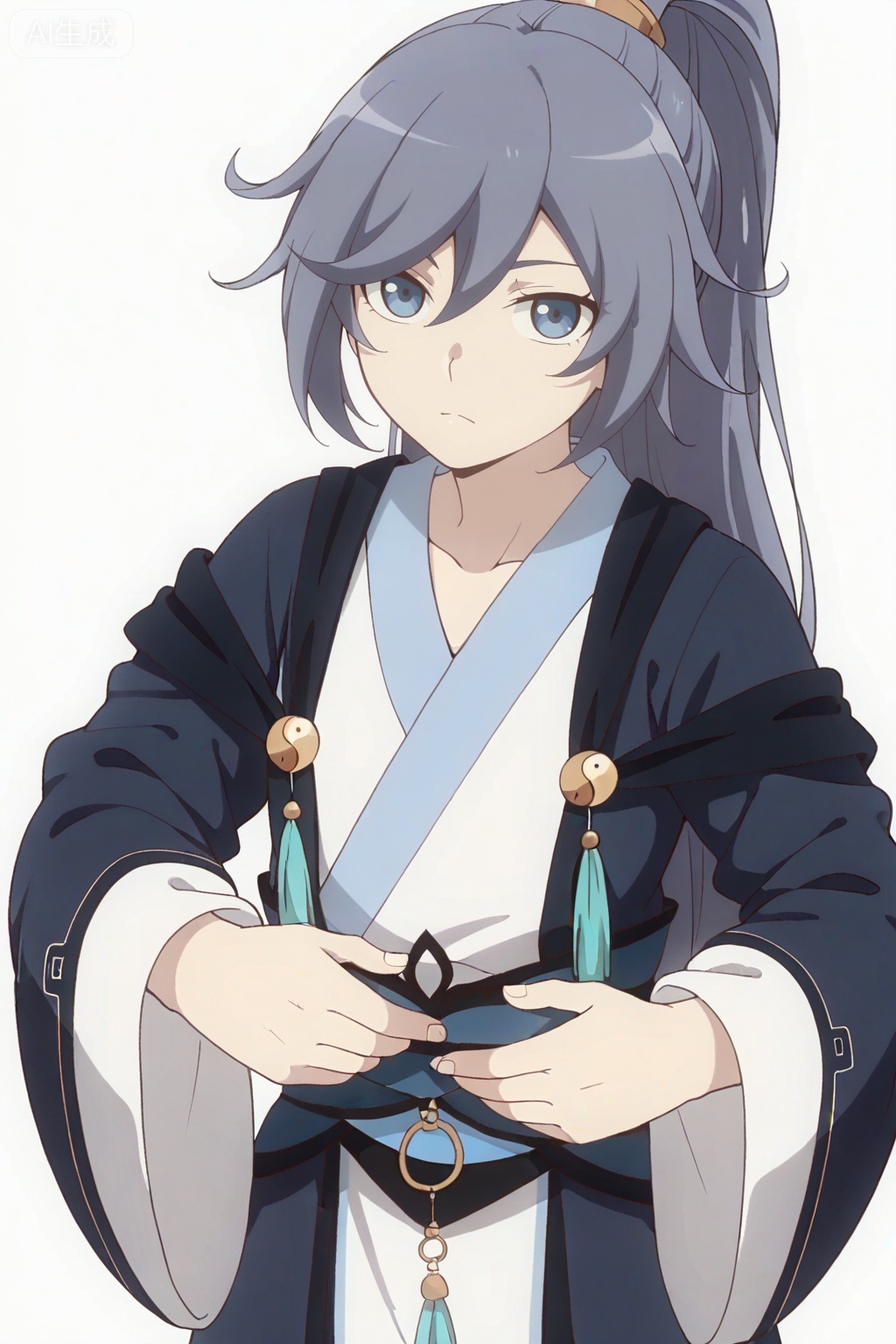 masterpiece, best quality,solo,((white background:1.2)),simple background,, 
looking at viewer,canzhuo_style,fu_hua,ponytail,hanfu,long sleeves,ornament,Chinese clothes,taoist robes,boots,gold_trim,jewelry,Tassel