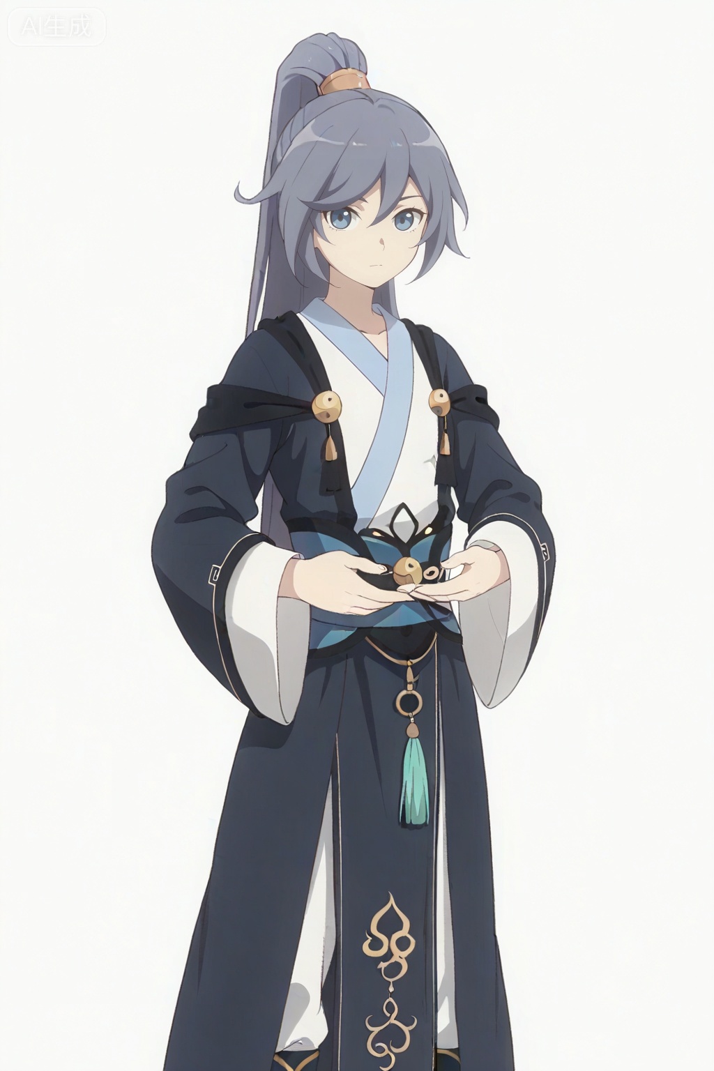 masterpiece, best quality,solo,((white background:1.2)),simple background,, 
looking at viewer,canzhuo_style,fu_hua,ponytail,hanfu,long sleeves,ornament,Chinese clothes,taoist robes,boots,gold_trim,jewelry,Tassel