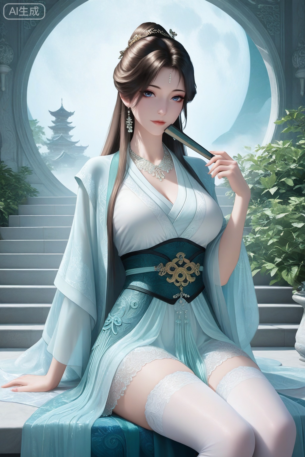 mupeiling, 1girl, solo, long hair, looking at viewer, blue eyes, brown hair, black hair, shiny hair, closed mouth, hair bun, realistic, 

masterpiece,highres,absurdres,best quality,8K,high-res detailed,
perfect eyes, long eyelashes, aged up, mature female,

masterpiece,highres,absurdres,best quality,8K,high-res detailed, alternate costume, hanfu, skirt, lace skirt, thighhighs,
sitting, sitting backward, arm support,
A Tang Dynasty noblewoman in a ​double-layered gradient silk gown​ (outer pale moon white, inner crimson sheer tulle), skirt embroidered with ​gold-threaded peony patterns, trailing ​pearl tassels. Wears a ​translucent silk scarf (flowing in wind)​, a ​gold-inlaid vine-patterned silk sash. Hair in a ​​"Startled Swan" updo, adorned with ​jade hairpins and pearl haircombs. Stands on ​white marble palace steps, holding a ​folding fan (painted with green landscapes)​. Background: ​carved palace halls and peony bushes. Silk details: ​fluid drape, satin sheen, gold embroidery highlights