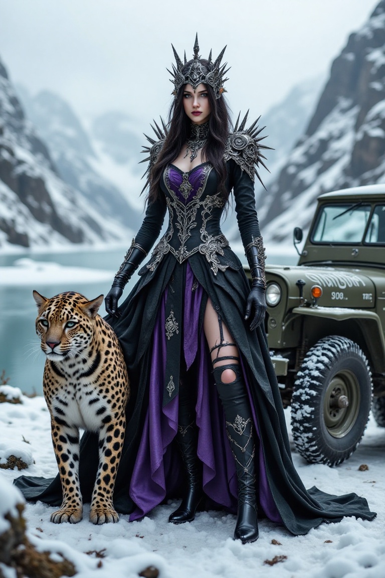 Full-body shot of a mysterious veiled woman in a dark,  flowing gothic gown with spiked shoulders and ripped stockings,  s...