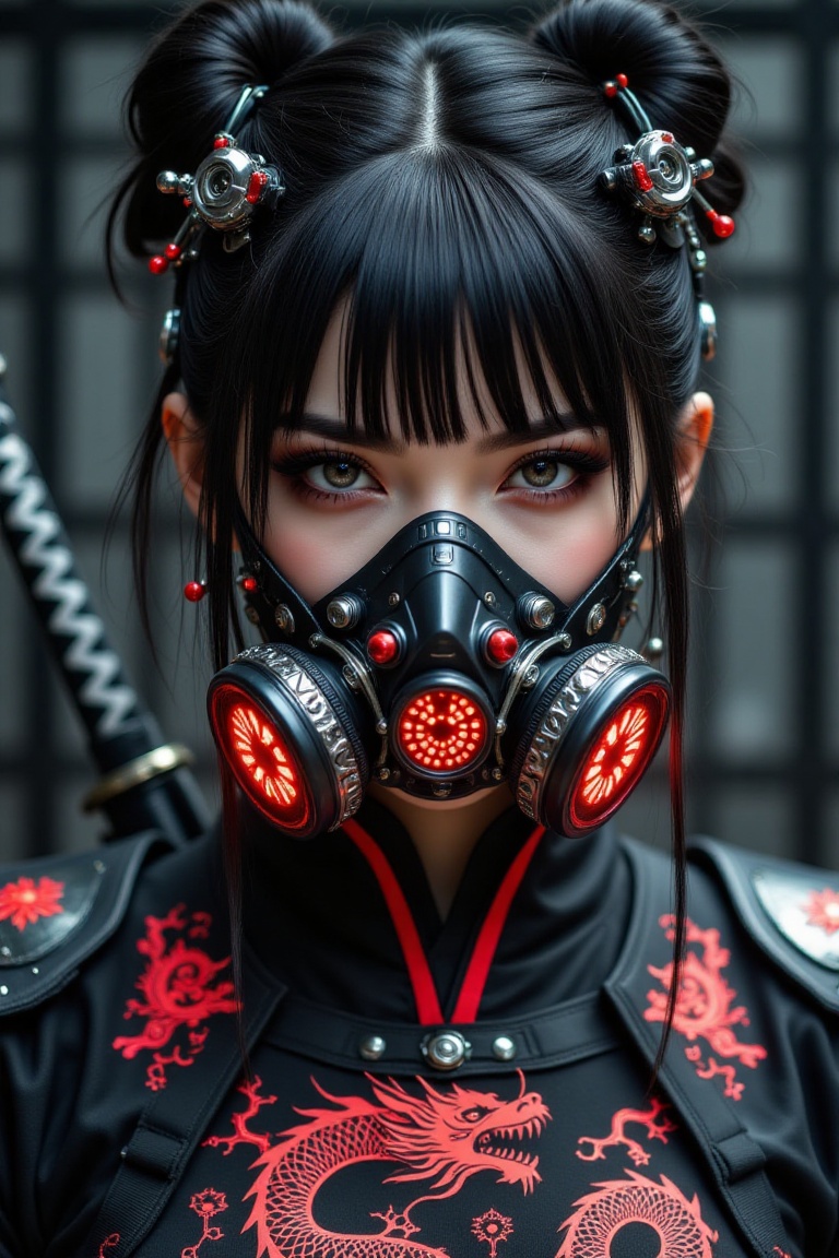 Close-up portrait of a cyberpunk samurai woman with a fierce expression,  wearing a highly detailed black and red respirat...