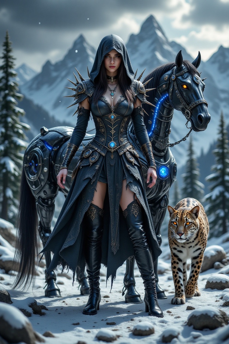 Full-body shot of a video game character in a dark hooded dress with spiked shoulders and tattered lace trim,  standing in...