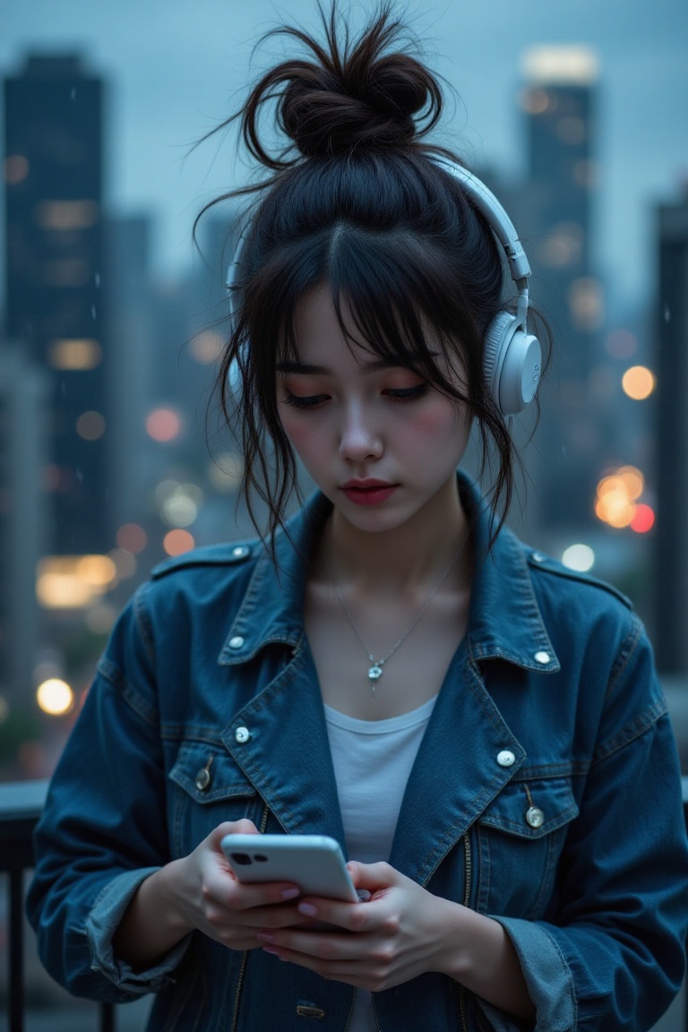 Full-body shot of a sad young woman with dark hair in a messy bun,  wearing a slightly oversized denim jacket,  standing a...