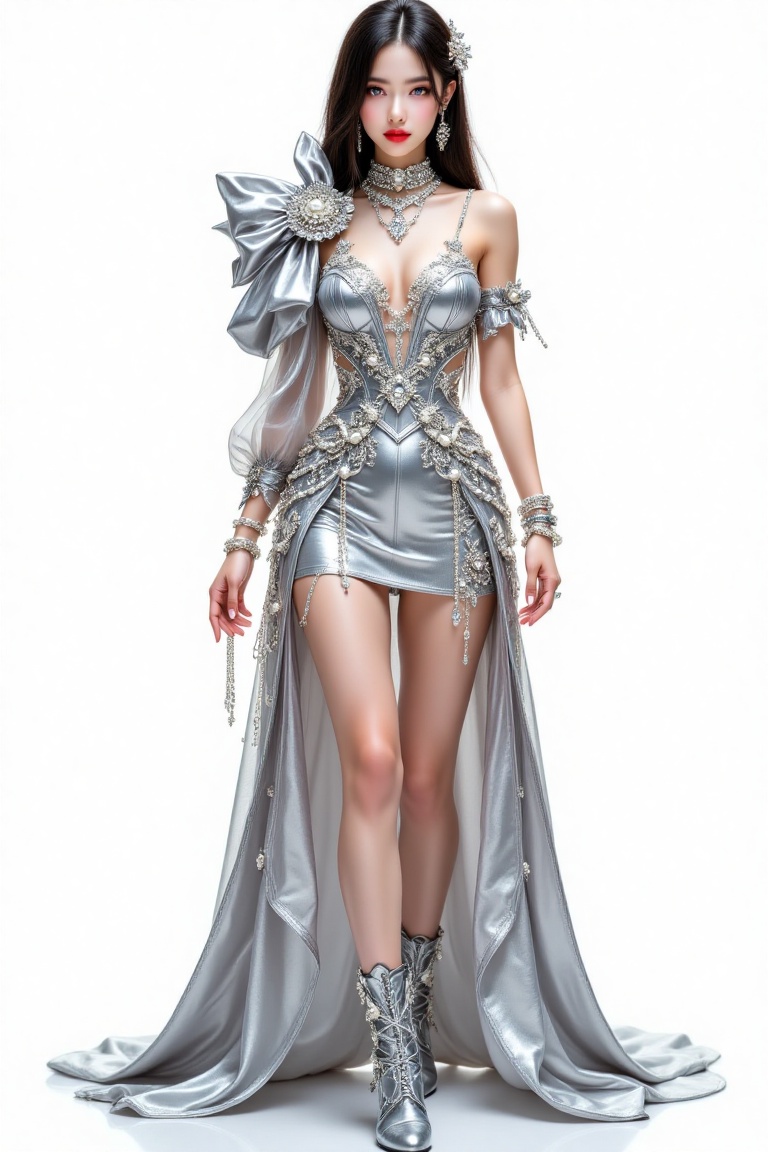 Full-body shot of a stunning anime-style woman standing in an elegant pose,  wearing an elaborate futuristic silver metall...