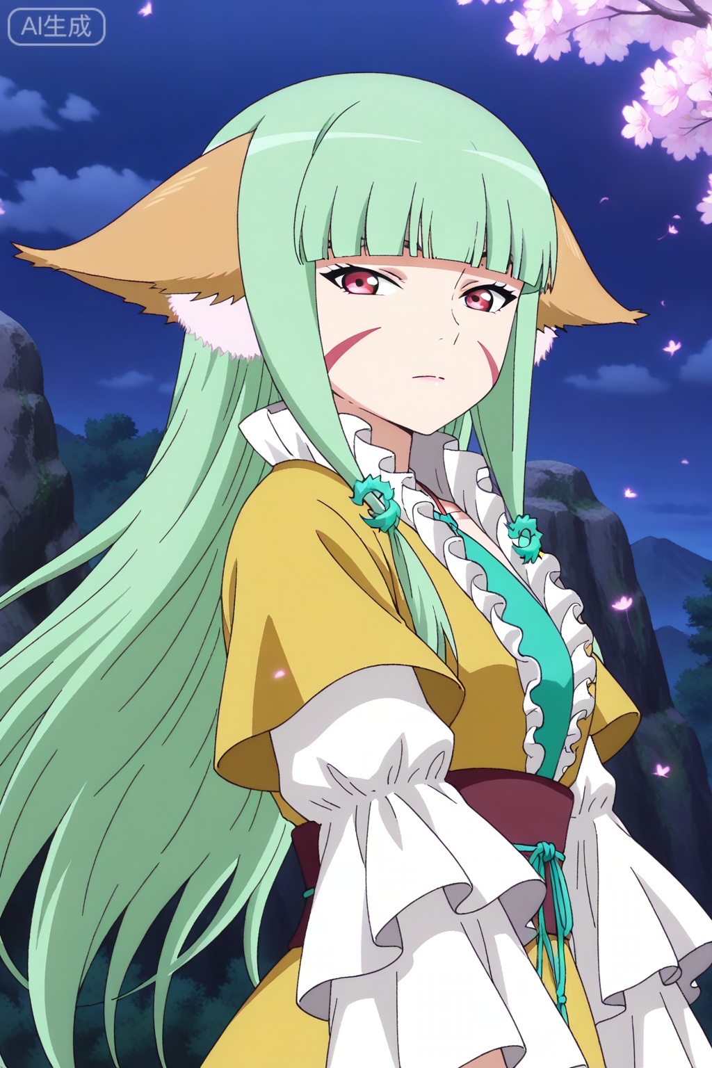 
Random scene,Random scene,


upper body,looking at viewer,

涂山容容,masterpiece,best quality,official art,extremely detailed CG unity 8k wallpaper,1girl,solo,long hair, green hair, animal ears, fox ears, facial mark, blunt bangs,Wide sleeves,Dress,