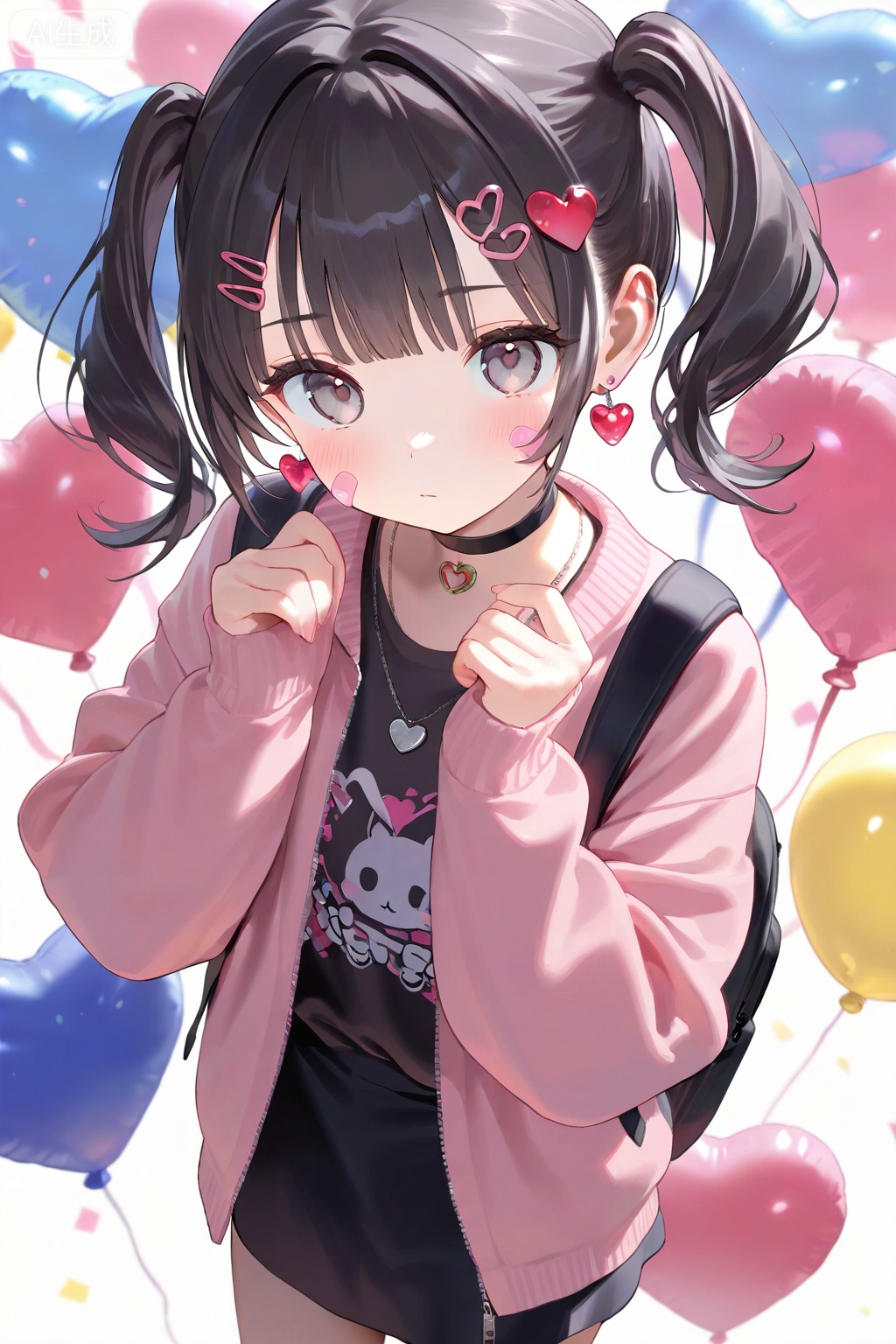 1girl, solo, shot hair, looking at viewer, blush, bangs, skirt, shirt, black hair, hair ornament, long sleeves, white background, twintails, jewelry, closed mouth, standing, jacket, heart, cowboy shot, earrings, open clothes, choker, hairclip, black skirt, necklace, bag, open jacket, black shirt, backpack, bandaid, zipper, heart hair ornament, bandaid on face, pink jacket, balloon, heart balloon