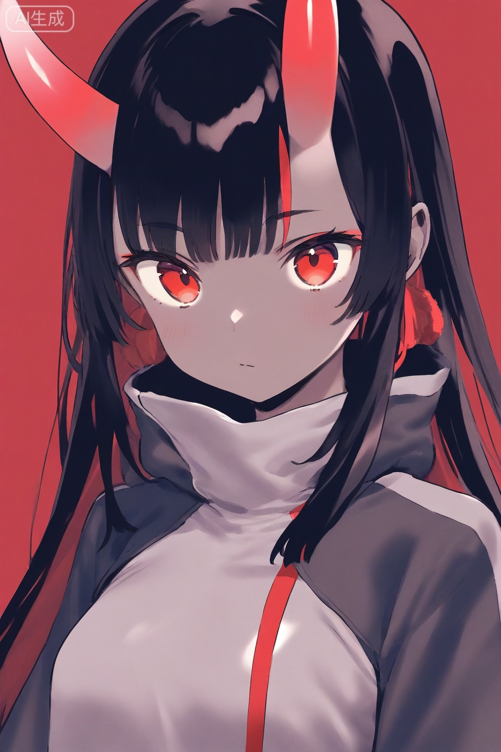 (best quality),(amazing quality),(very aesthetic),1girl,solo,oni horns,looking at viewer,long hair,simple background,closed mouth,red background,red theme,greyscale with colored background,black hair with red streaks,stylized jacket,wide sleeves,high collar,dark skin,dark-skinned female,bodysuit,red eyes,upper body,sketch,limited palette,