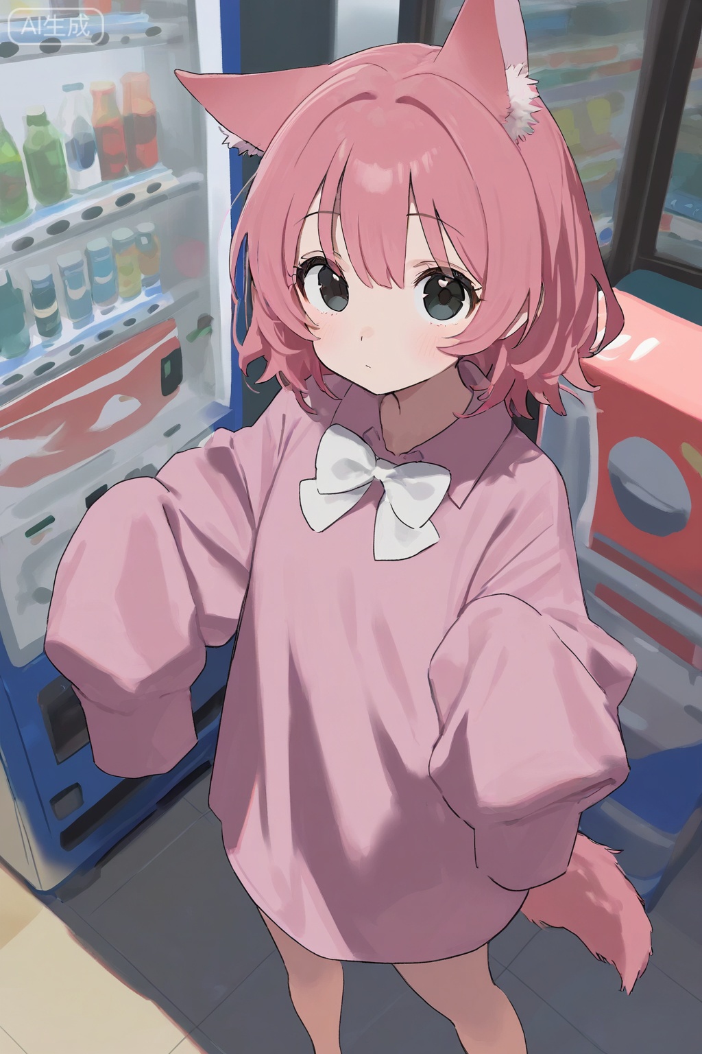masterpiece, best quality, doremifaso64, 1girl, solo, looking at viewer, shirt, long sleeves, bow, animal ears, standing, tail, pink hair, indoors, bowtie, black eyes, sleeves past wrists, feet out of frame, white bow, sleeves past fingers, pink shirt, oversized clothes, vending machine,sketch,