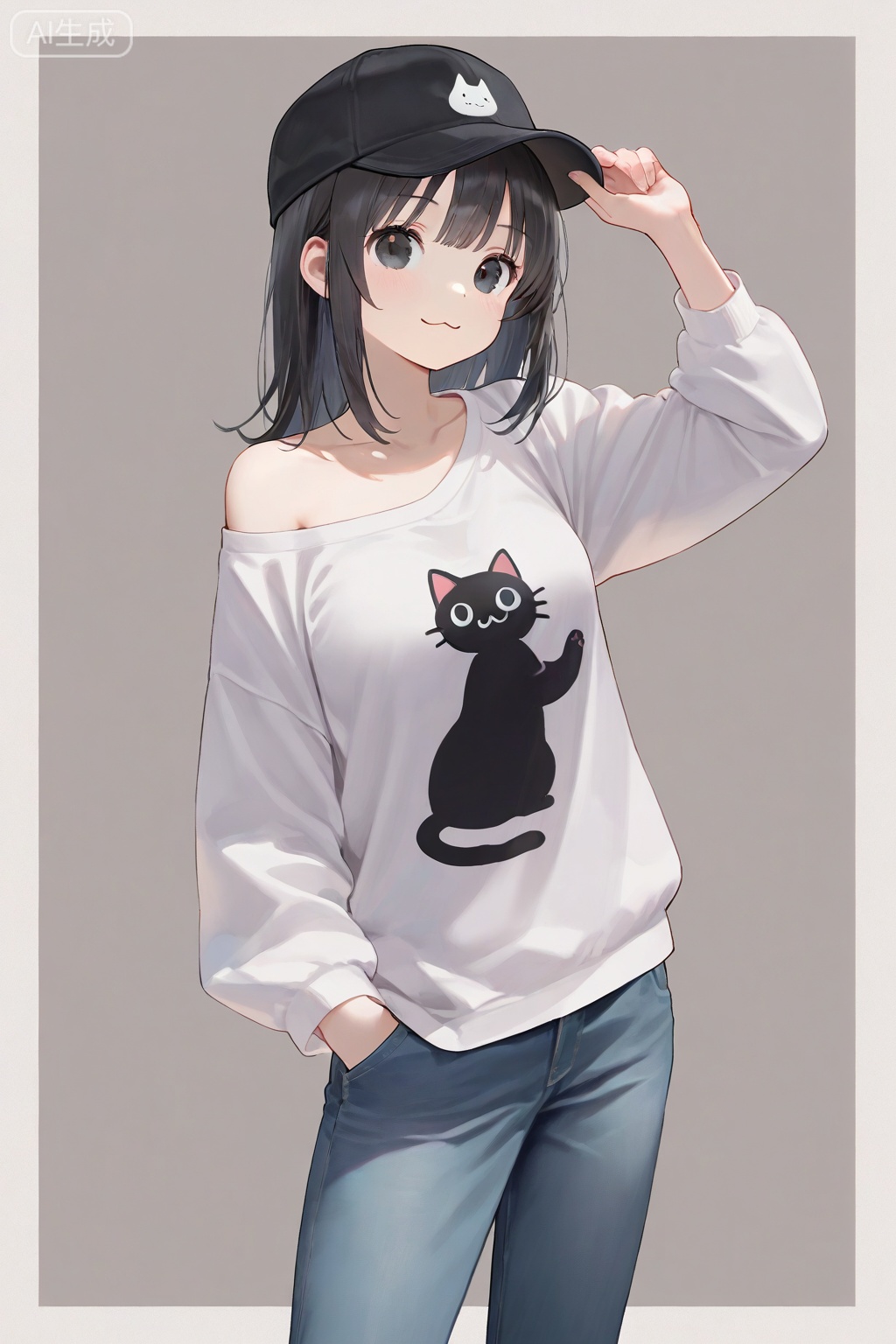 1girl, solo, black hair, hat, denim, pants, grey background, baseball cap, white border, jeans, shirt, looking at viewer, smile, border, black eyes, hand in pocket, white shirt, long sleeves, single bare shoulder, :3, hand on headwear, closed mouth, simple background, outside border, clothes writing, medium hair, adjusting headwear, off shoulder, cat print, animal print, breasts, black headwear, blue pants, adjusting clothes, collarbone, print shirt, medium breasts, standing, long hair, contrapposto, single off shoulder