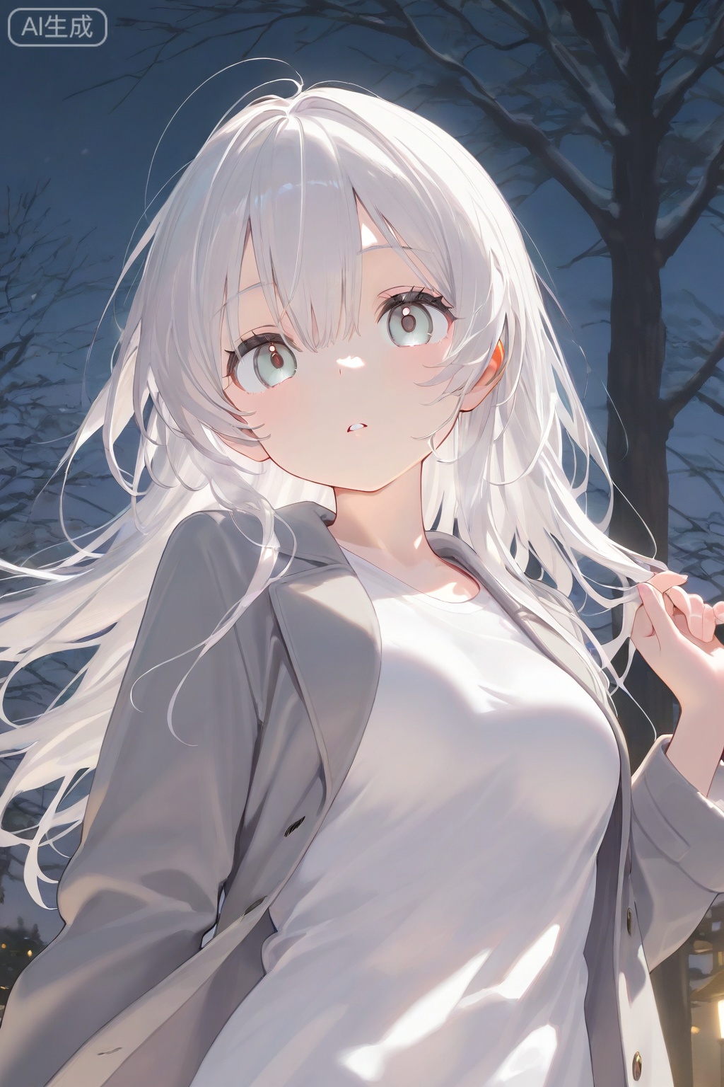 1girl, solo, long hair, breasts, looking at viewer, bangs, shirt, long sleeves, hair between eyes, medium breasts, jacket, white shirt, upper body, white hair, outdoors, parted lips, open clothes, open jacket, tree, coat, grey eyes, night, bare tree