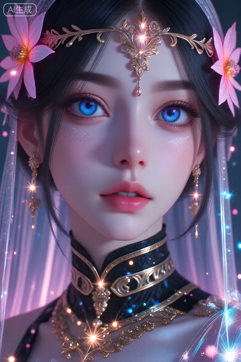 a digital illustration shoot from a portrait camera angle about a close-up portrait of a young woman with striking blue eyes and long, flowing black hair adorned with pink flowers, the subject is positioned in the middle of the image, looking directly at the viewer with a serene expression, she has fair skin, delicate eyelashes, and a delicate, ornate headpiece adorned with flowers, her hair is styled in long hair, and she is wearing a black and gold outfit with intricate details, including a choker and earrings, the background is a soft, glowing purple and blue gradient with sparkles, giving the image a magical and ethereal feel, the lighting is soft and diffused, creating a dreamy atmosphere,
